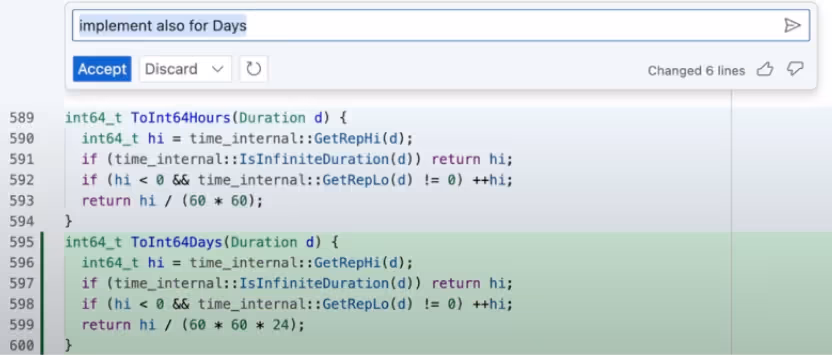 IDEにおけるAIによるコード補完、コピー&ペースト調整、自然言語によるコード編集の例