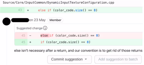 GitHubのプルリクエストにおけるコードサジェスチョンの例